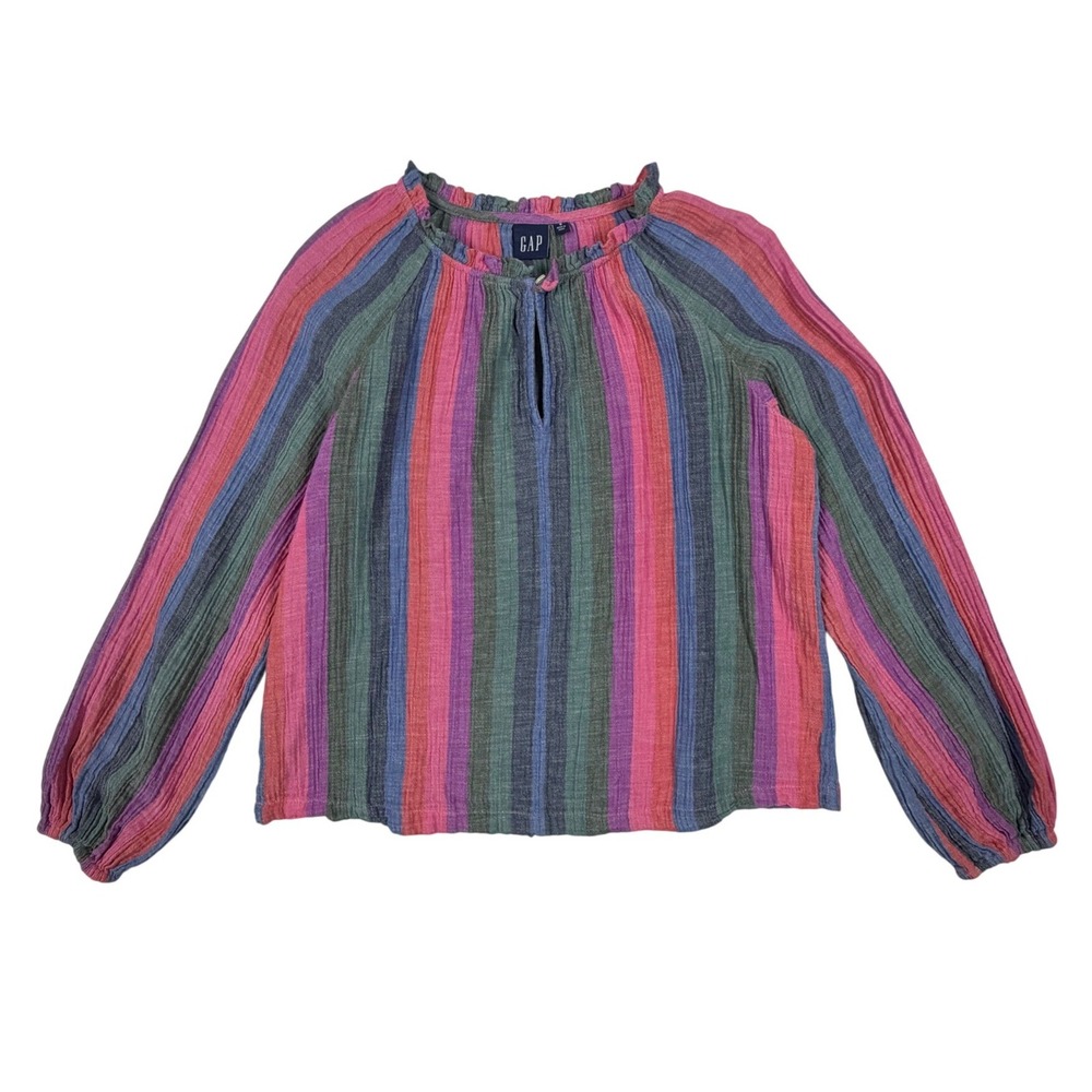 GAP Women Small Multi Color Striped Cotton Gauze Ruffle Neck Boho Blouse Top